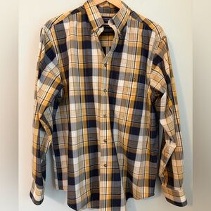 Roundtree & Yorke Wrinkle Free, Gold and Navy Plaid Shirt, Size Medium